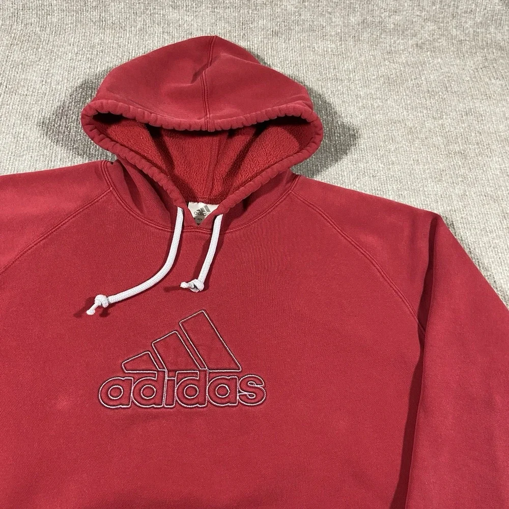 Vintage Adidas Hoodie Sweatshirt Men Size L Red Pullover Embroidered Center Logo